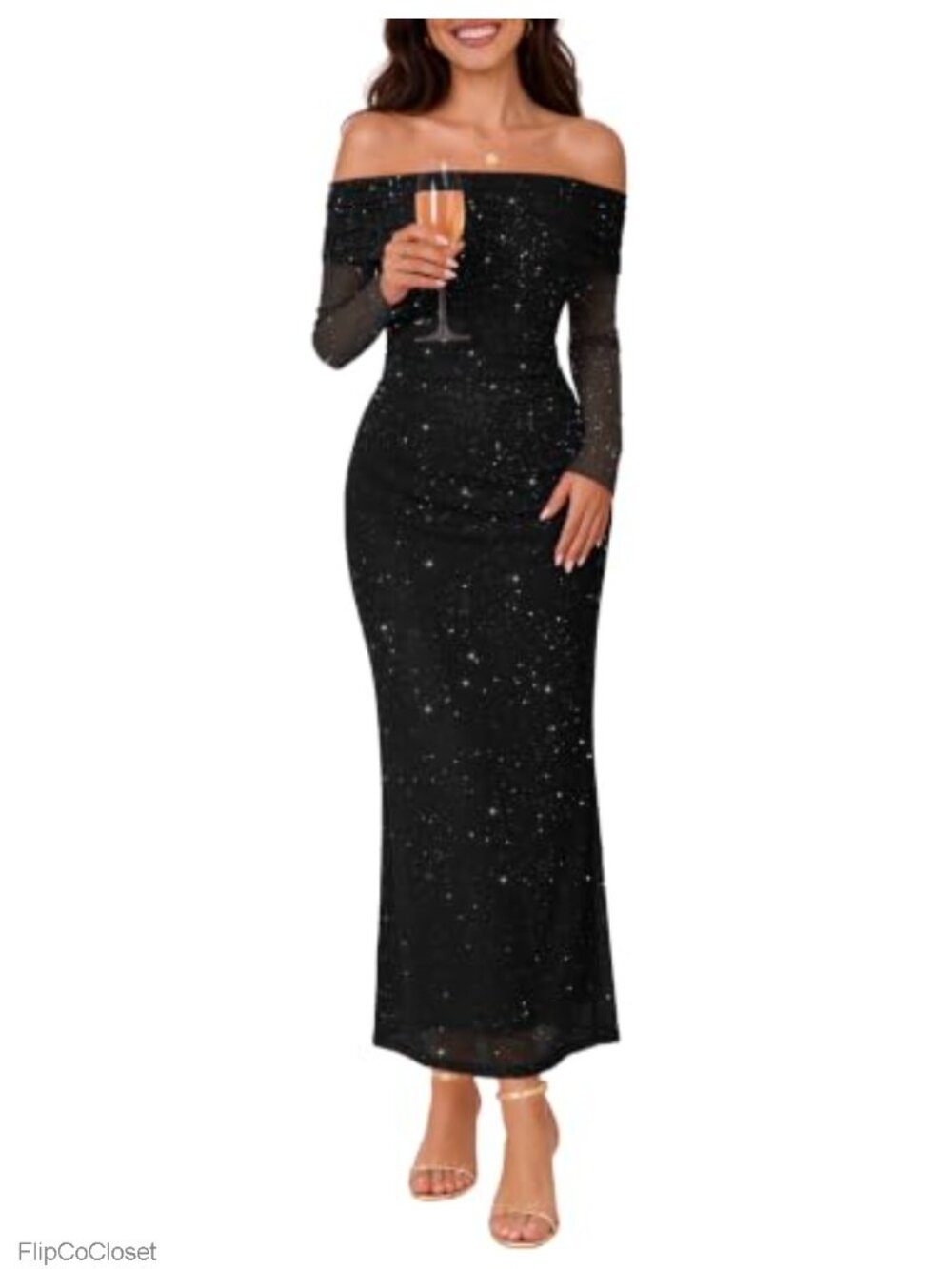 Off Shoulder Mesh Maxi Dress Sparkly Bodycon Long Sleeve